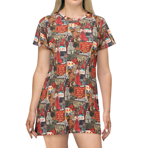 The Louise T-Shirt Dress — All-Over Print Retro Poster Graphic