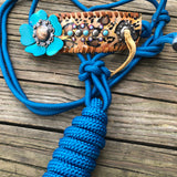 Leopard halter with turquoise leather flower