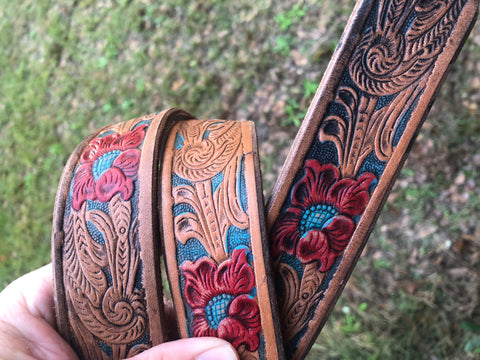 Floral Embossed Cinnabarr and Red Painted Belt